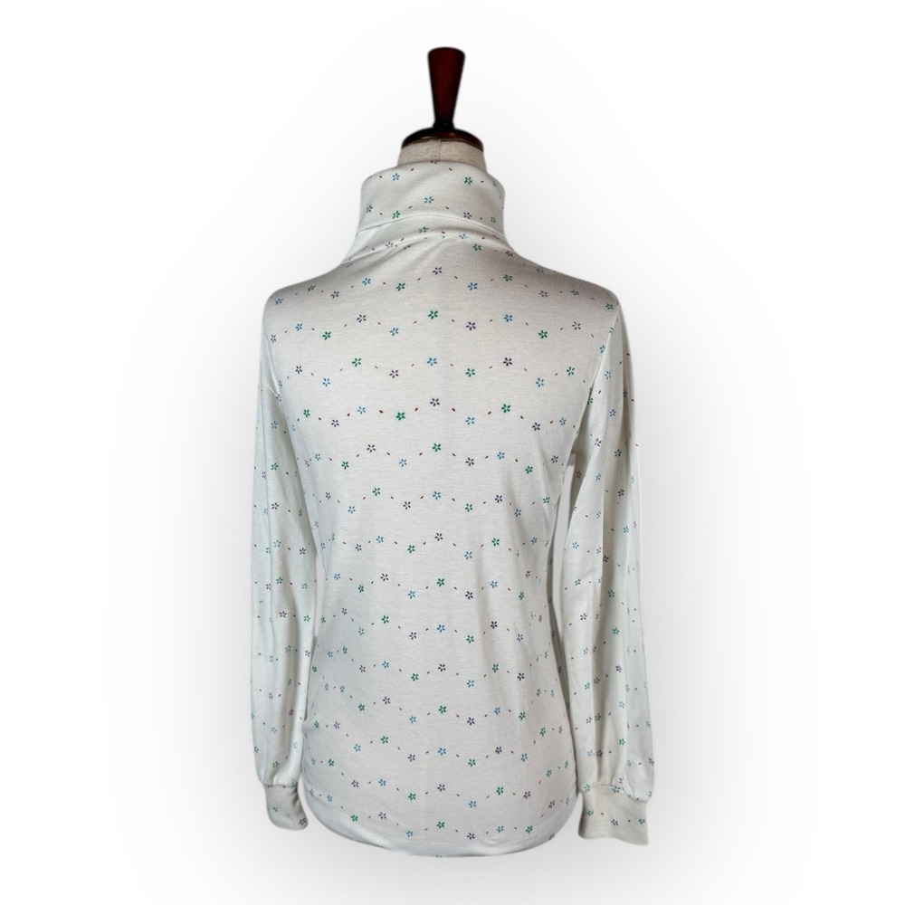 Vintage White Delicate Flower Pattern Fold Over Turtleneck Long Sleeve Top Small - Picture 4 of 7